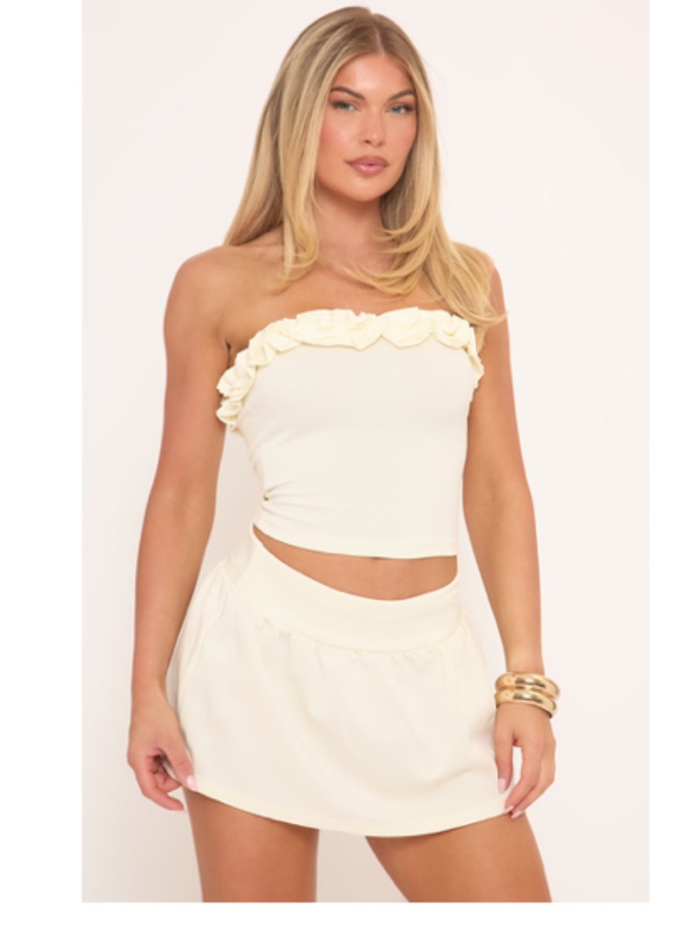 EGO Bandeau Frill Trim Top And Mini Skirt Co-Ord Set In Cream Small NWT